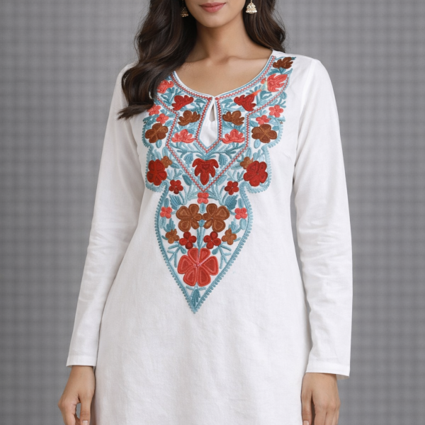 Mukhtalif Aari Embroidered Kashmiri Pheran Kurti with Red Rose