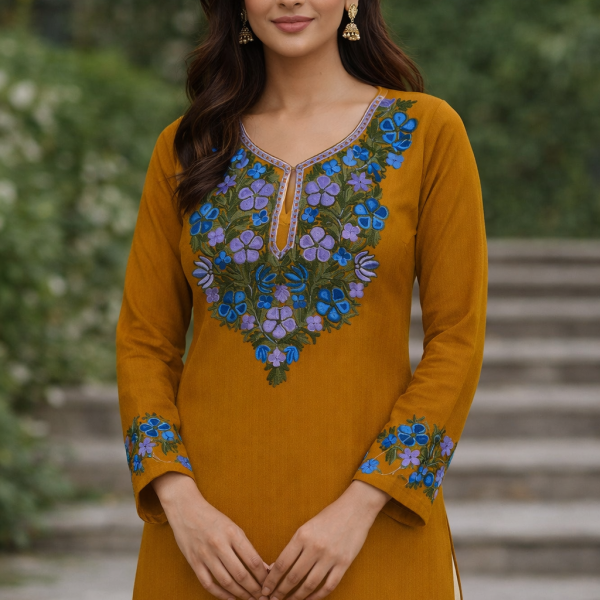 Mukhtalif Aari Embroidered Kashmiri Pheran Dark Yellow Kurti with Blue Design