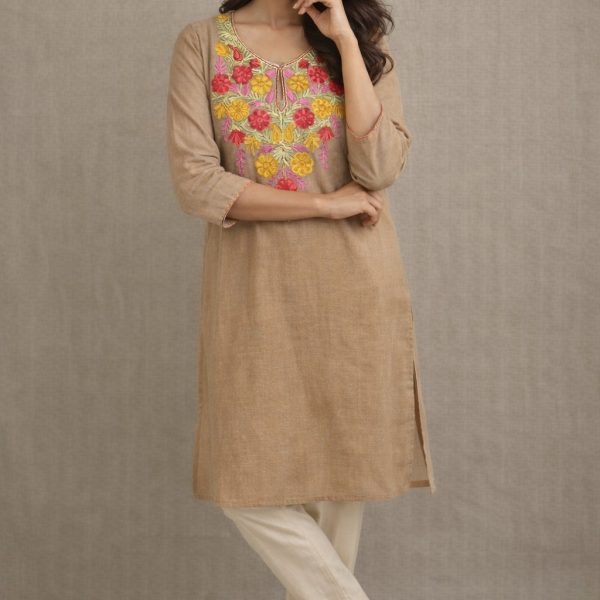 Mukhtalif Aari Embroidered Kashmiri Pheran Light Brown Kurti with Red & Yellow Rose