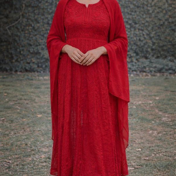 Red Chikankari Anarkali Suit with Dupatta