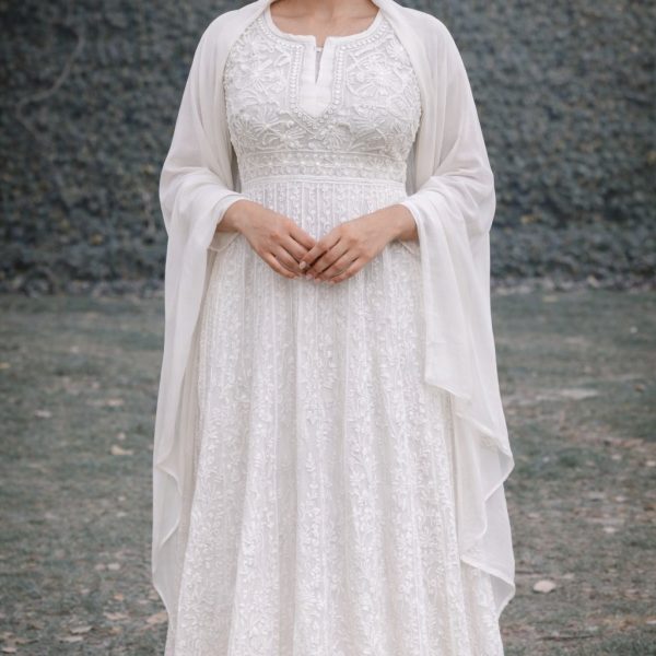 White Chikankari Anarkali Suit with Dupatta